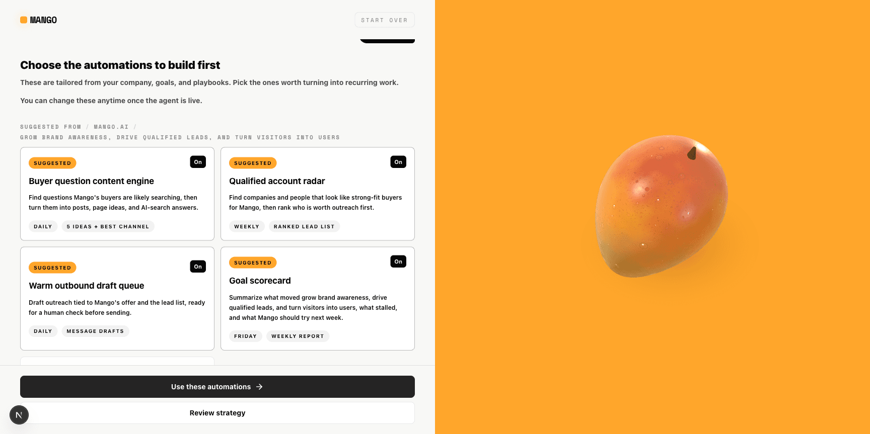 Mango onboarding suggesting tailored automations for a company.