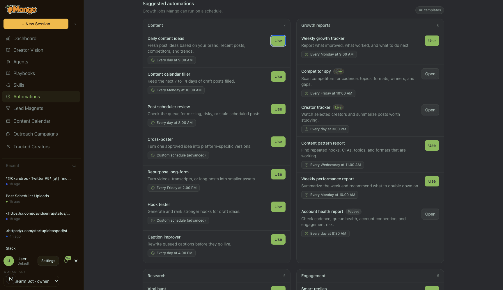 Mango Automations page showing suggested recurring jobs such as daily content ideas, post scheduler review, and weekly growth tracker.