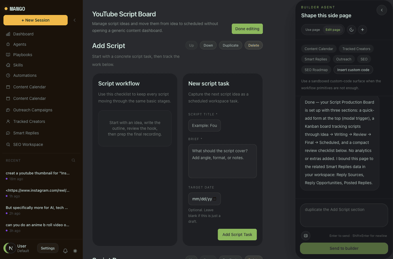 Mango custom script board with a builder agent panel for shaping the page.