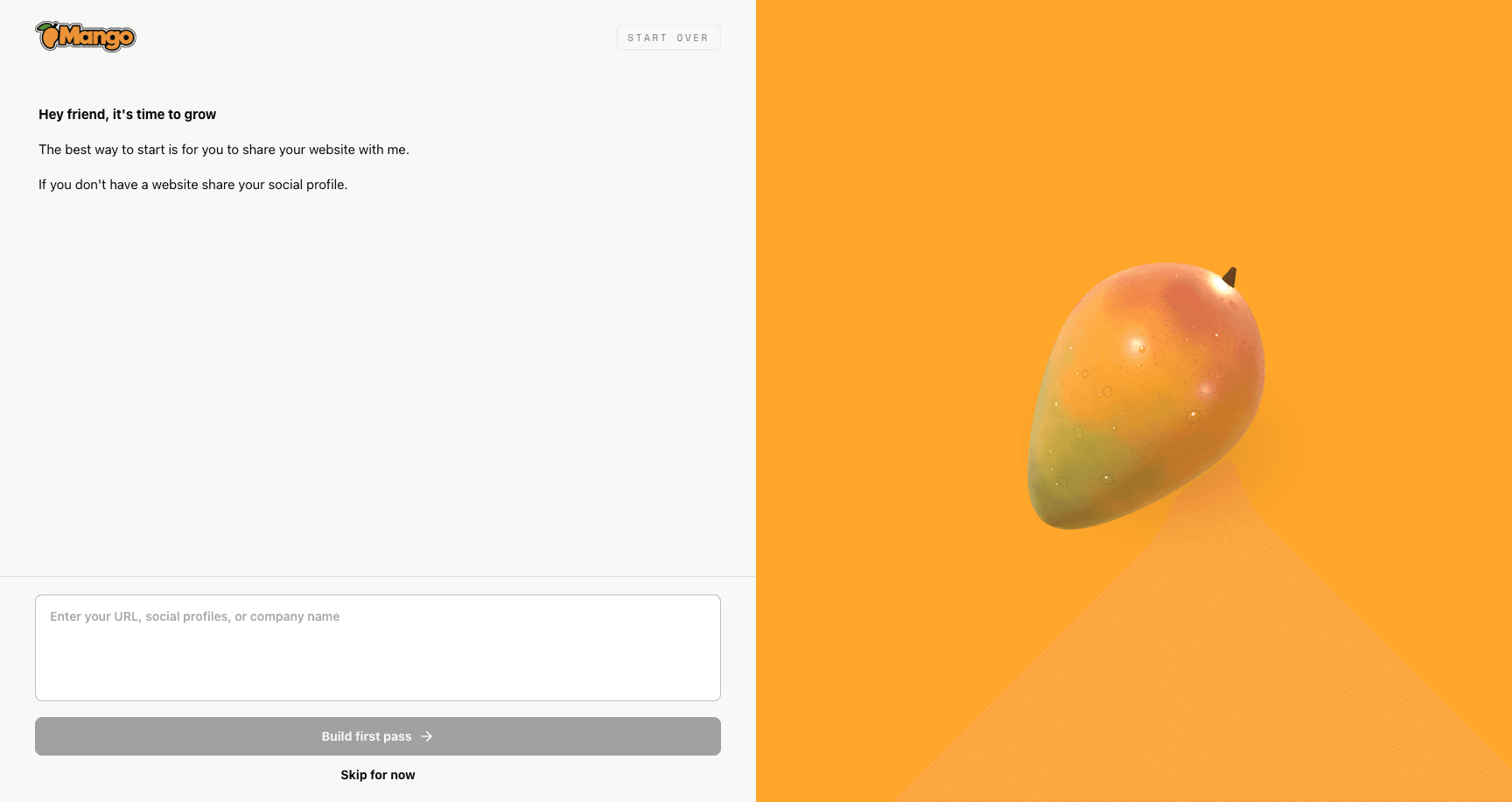 Mango onboarding asking for a website, social profile, or company name.