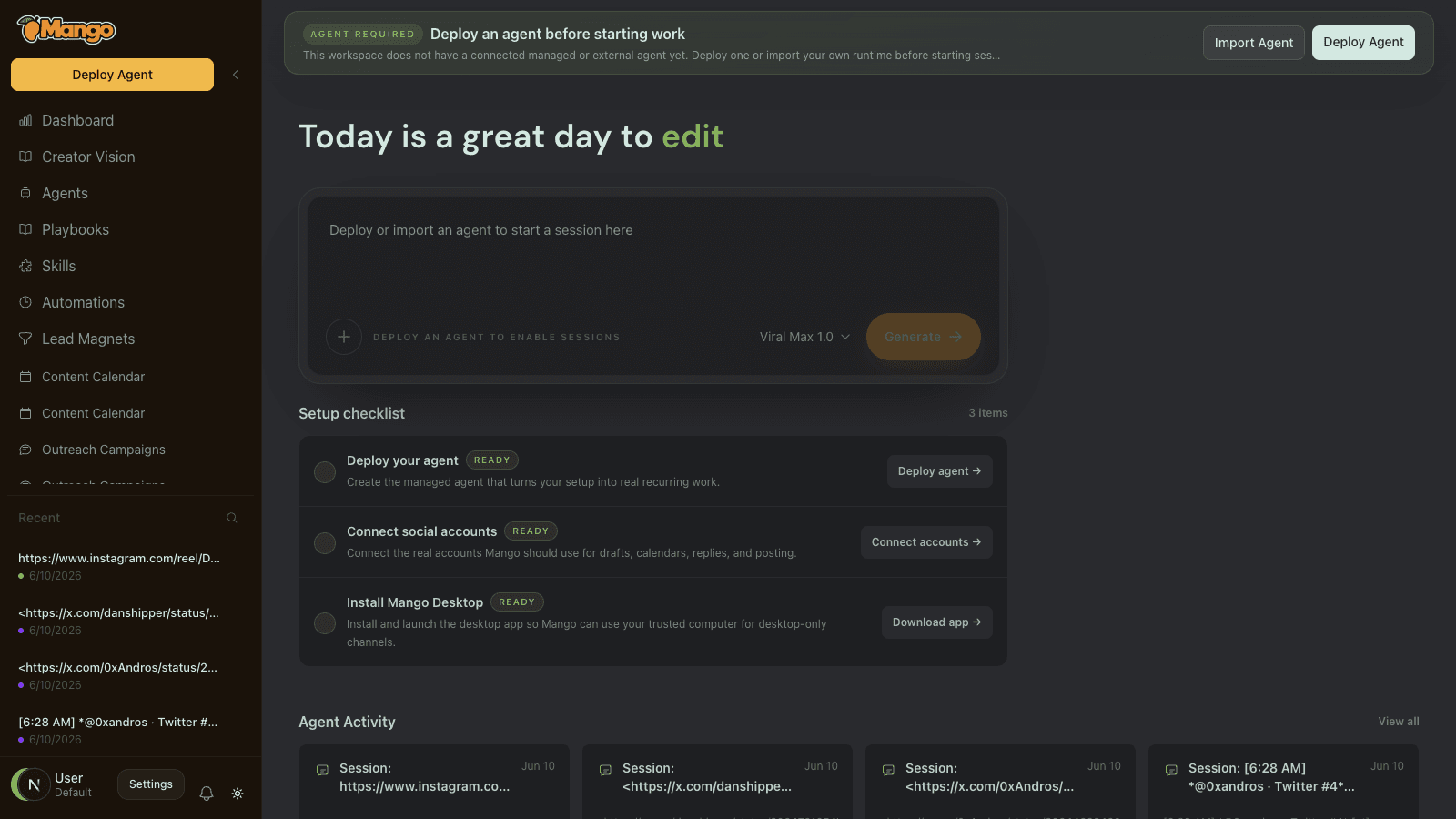 Mango setup checklist showing the Deploy Agent action before sessions are enabled.