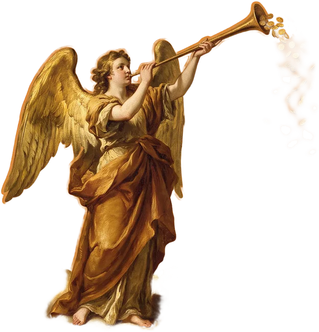 Herald angel blowing a brass trumpet with gold coins swirling from its bell