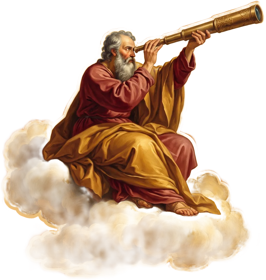 Philosopher on a cloud peering through a brass telescope at distant figures