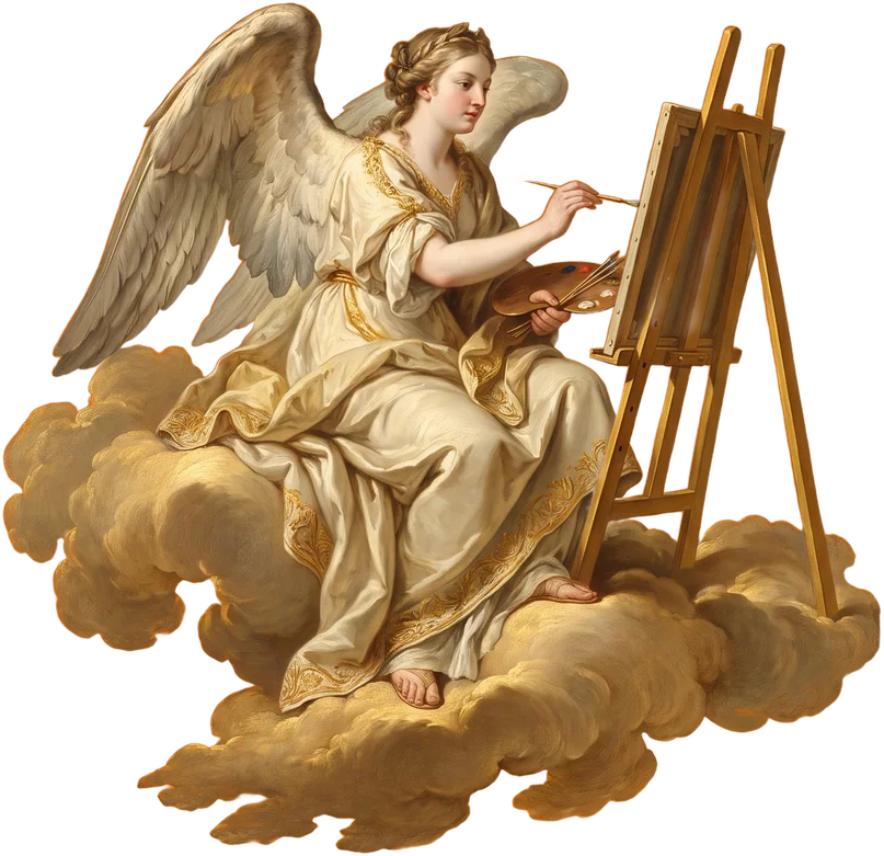 Winged muse painting at a golden easel among clouds, surrounded by floating framed canvases