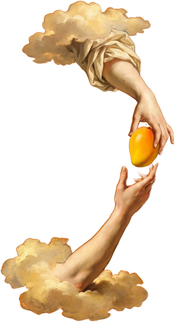 Classical hand reaching down from golden clouds to offer a glowing mango to another hand