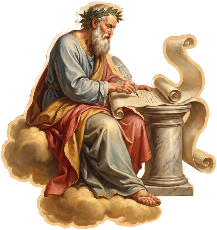 Bearded philosopher on a cloud writing on a long parchment scroll with a quill