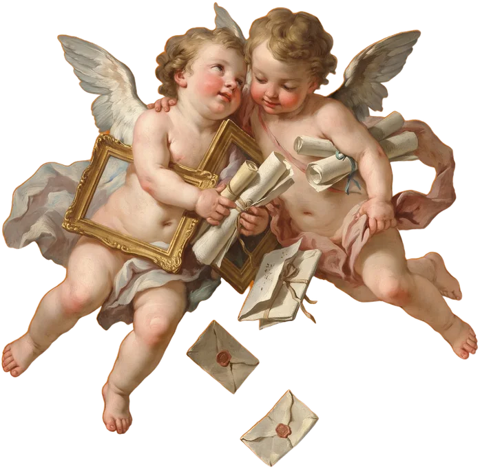 Cherubs flying through golden clouds scattering framed pictures and letters